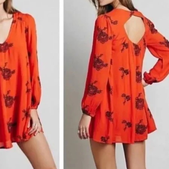 Free People Austin Emma Embroidered Mini Swing Dress In Blood Orange - Picture 2 of 6